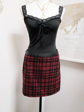 AS IS - Red & Black Plaid Fleece Mini Skirt w/ Faux Leather Trim, Dark Academia
